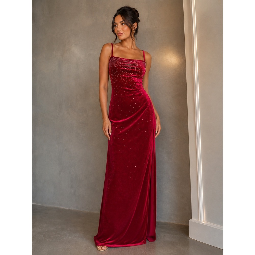 VTG‎ Jump Apparel Red Velvet Rhinestone Maxi Dress Y2K Gown Slit 3/4 Whimsigoth